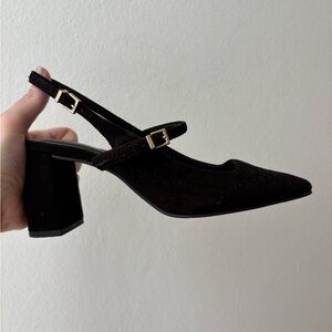 Black Suede Slingback Block Heel Pumps Size 5 Mary Jane Strap Vintage Look